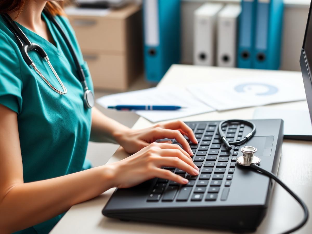 Healthcare professional entering billing details on a keyboard beside a stethoscope
